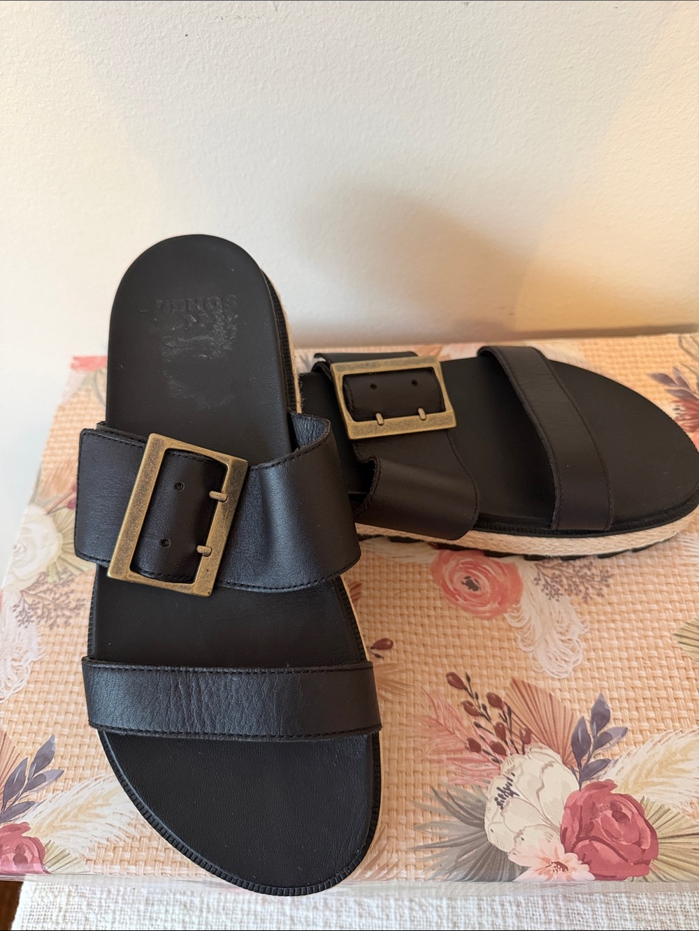 Sorel Black Leather Double-Strap Slide Sandals with Brass Buckles